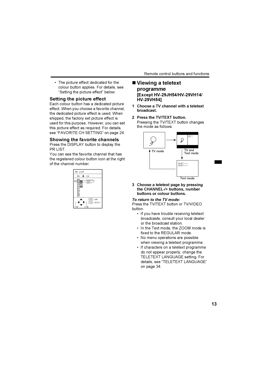 JVC HV-29JH24, HV-29JH54, HV-29JH74, HV-29VH14, HV-29JH54 manual „ Viewing a teletext Programme, Setting the picture effect 