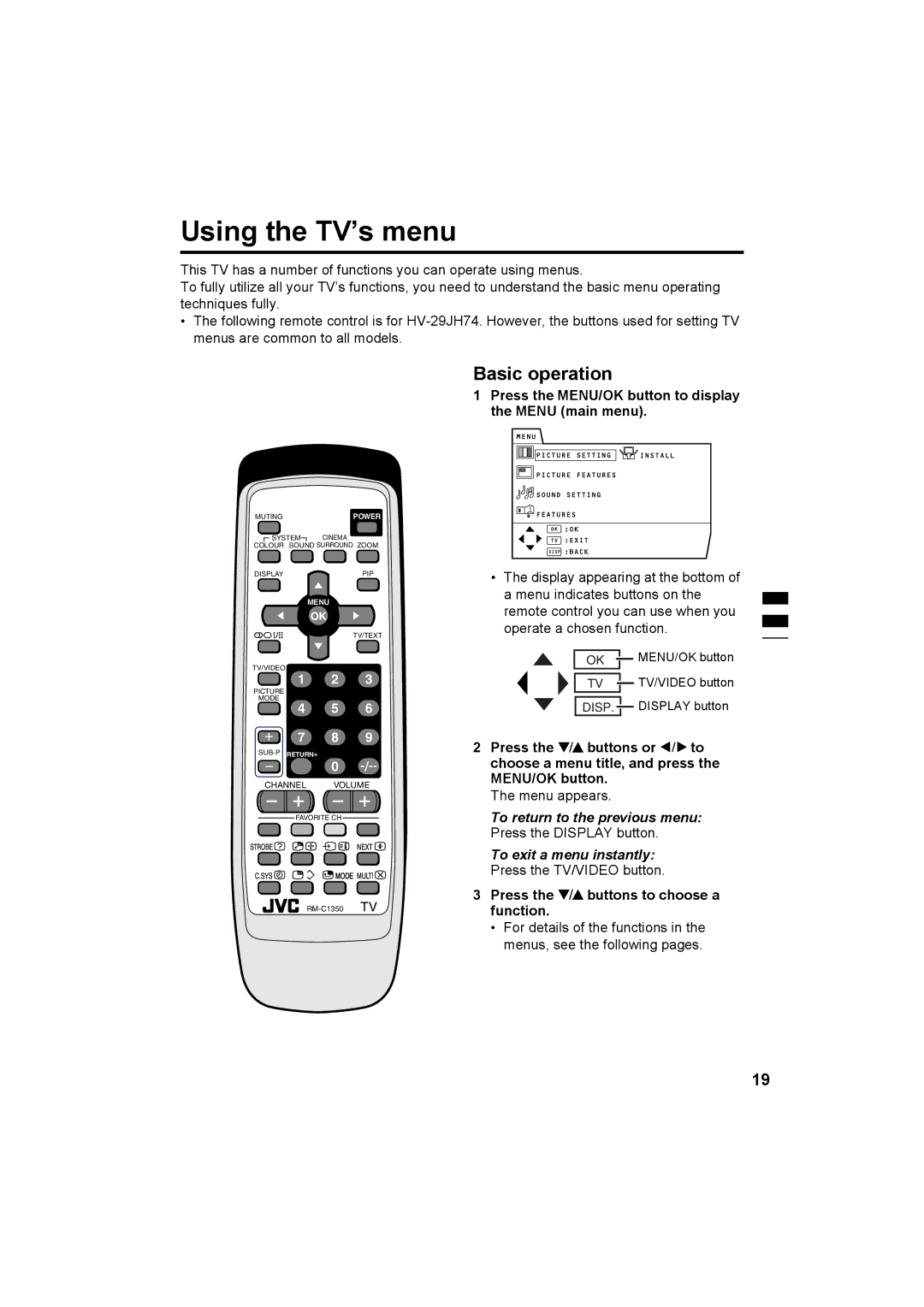 JVC HV-29JH24, HV-29JH54, HV-29JH74, HV-29VH14, HV-29JH54 manual Using the TV’s menu, Basic operation 