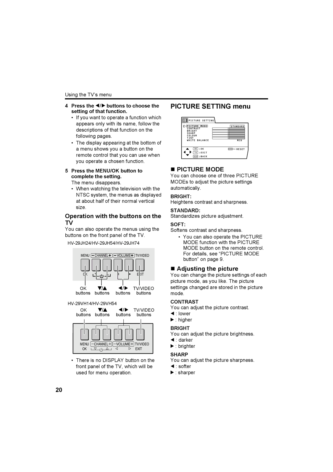 JVC HV-29JH24, HV-29JH54, HV-29JH74, HV-29VH14, HV-29JH54 Picture Setting menu, „ Picture Mode, „ Adjusting the picture 