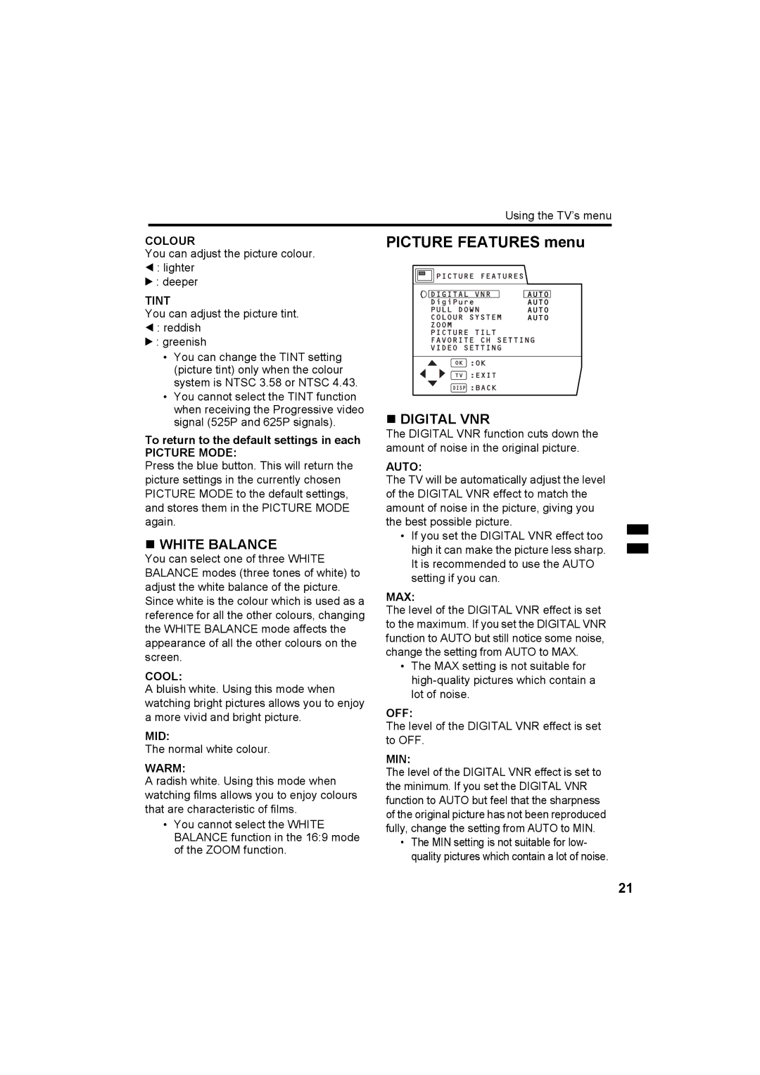 JVC HV-29JH24, HV-29JH54, HV-29JH74, HV-29VH14, HV-29JH54 manual Picture Features menu, „ White Balance, „ Digital VNR 