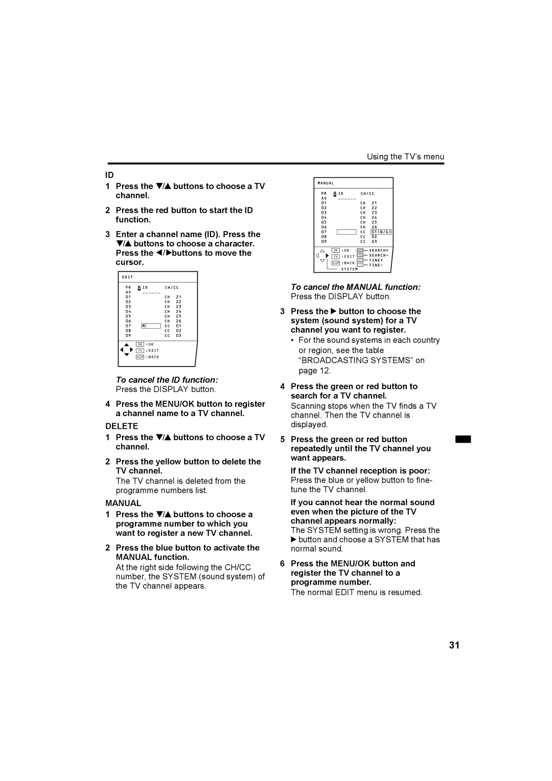 JVC HV-29JH24, HV-29JH54, HV-29JH74, HV-29VH14, HV-29JH54 manual To cancel the ID function, To cancel the Manual function 