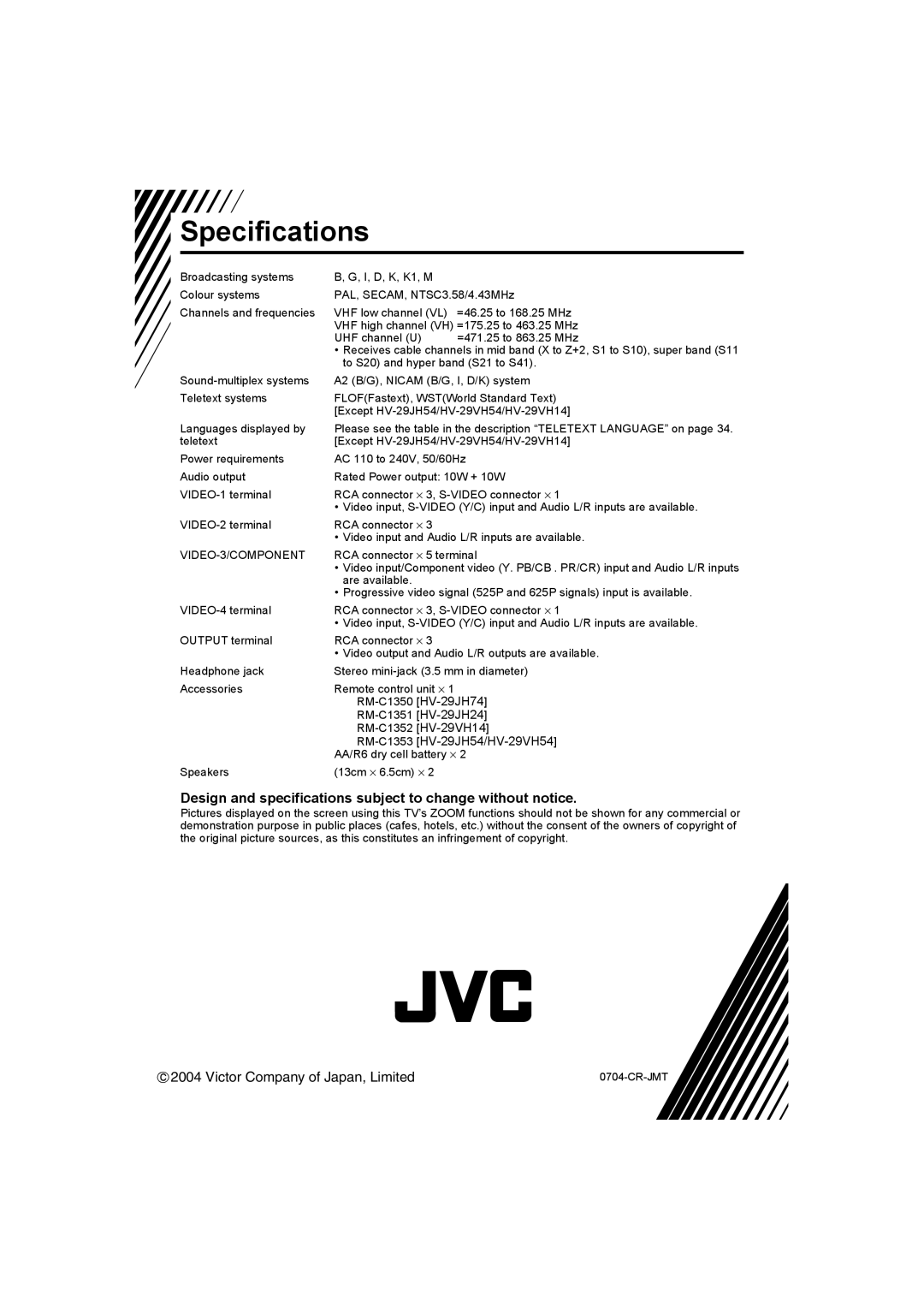 JVC HV-29JH24, HV-29JH54, HV-29JH74, HV-29VH14, HV-29JH54 manual Specifications 