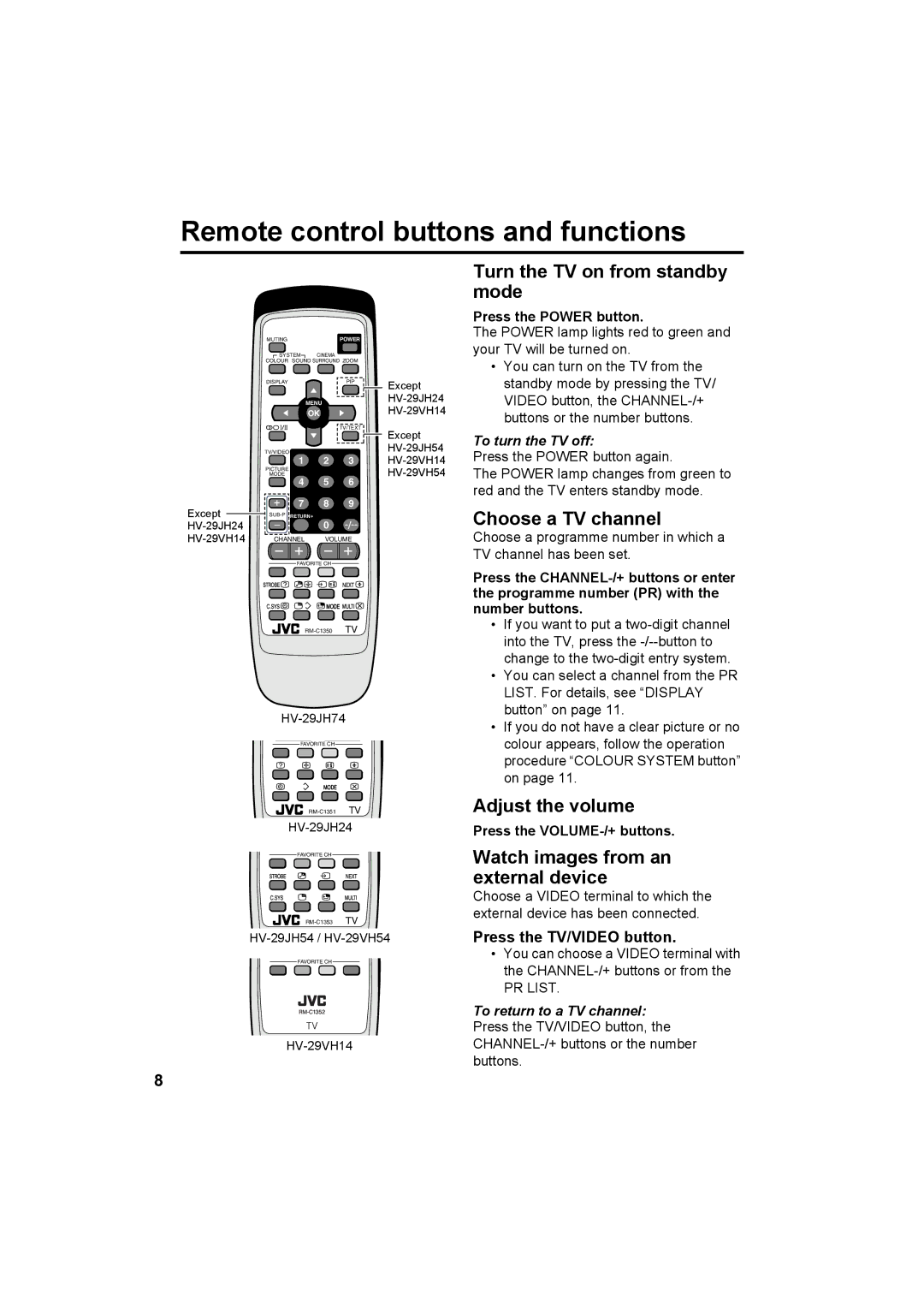 JVC HV-29JH24, HV-29JH54, HV-29JH74, HV-29VH14, HV-29JH54 Remote control buttons and functions, Press the Power button 