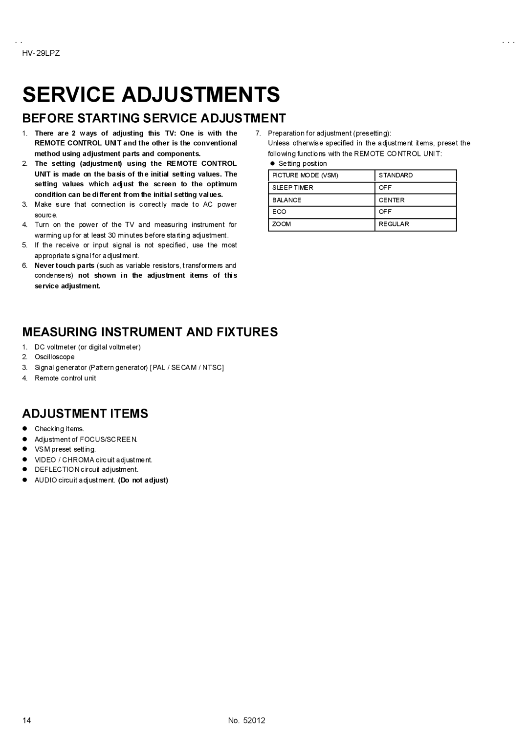 JVC HV-29LPZ/EE, HV-29LPZ/HK Service Adjustments, Before Starting Service Adjustment, Measuring Instrument and Fixtures 