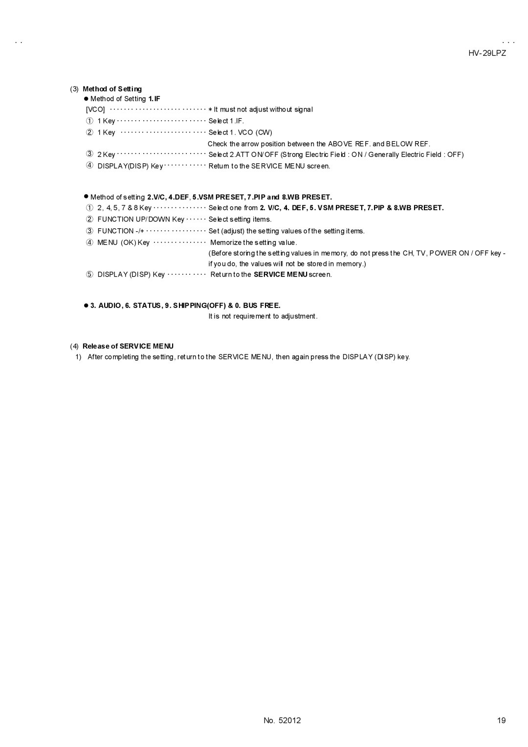 JVC HV-29LPZ/-A, HV-29LPZ/HK Method of Setting, AUDIO, 6. STATUS, 9. Shippingoff & 0. BUS Free, Release of Service Menu 