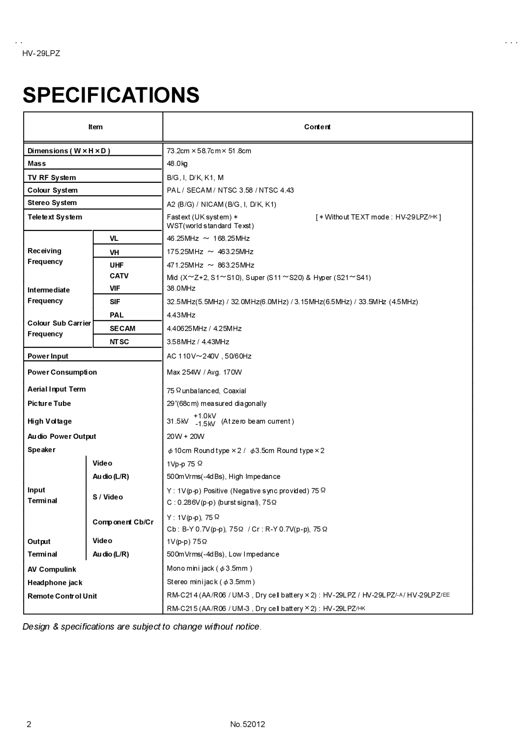 JVC HV-29LPZ/EE, HV-29LPZ/HK, HV-29LPZ/-A service manual Specifications 