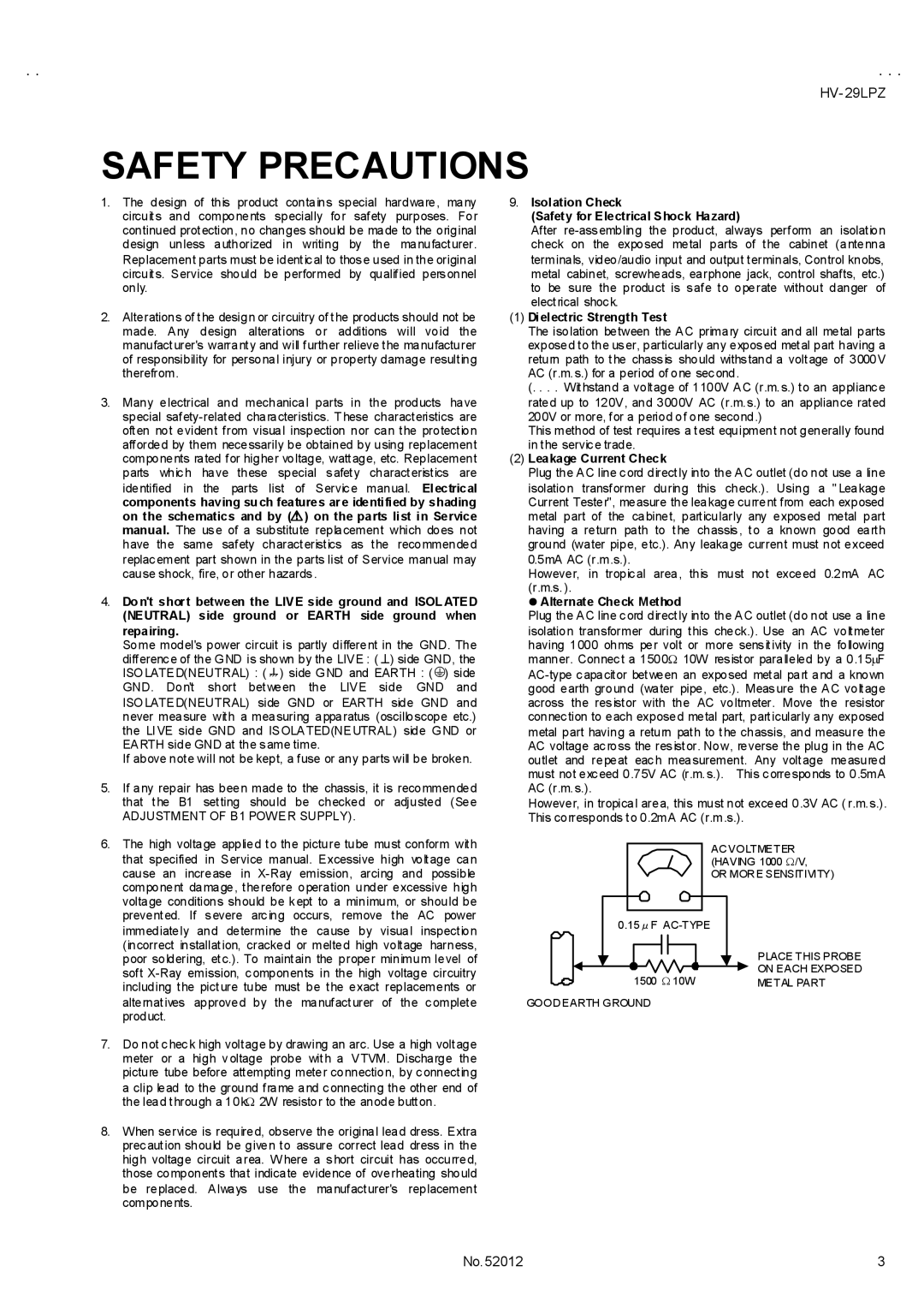 JVC HV-29LPZ/HK, HV-29LPZ/-A, HV-29LPZ/EE service manual Safety Precautions 