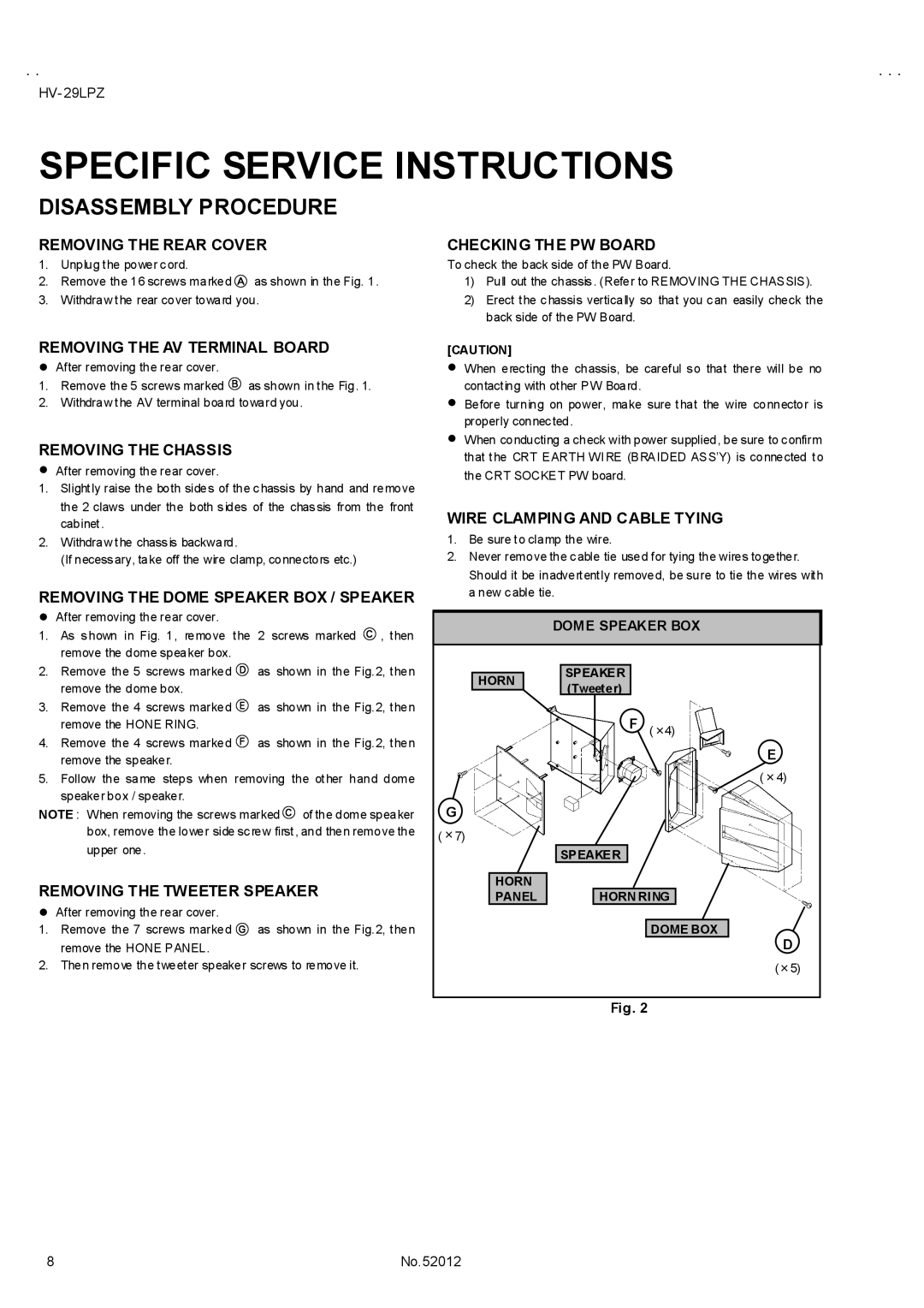 JVC HV-29LPZ/EE, HV-29LPZ/HK, HV-29LPZ/-A service manual Specific Service Instructions, Disassembly Procedure 