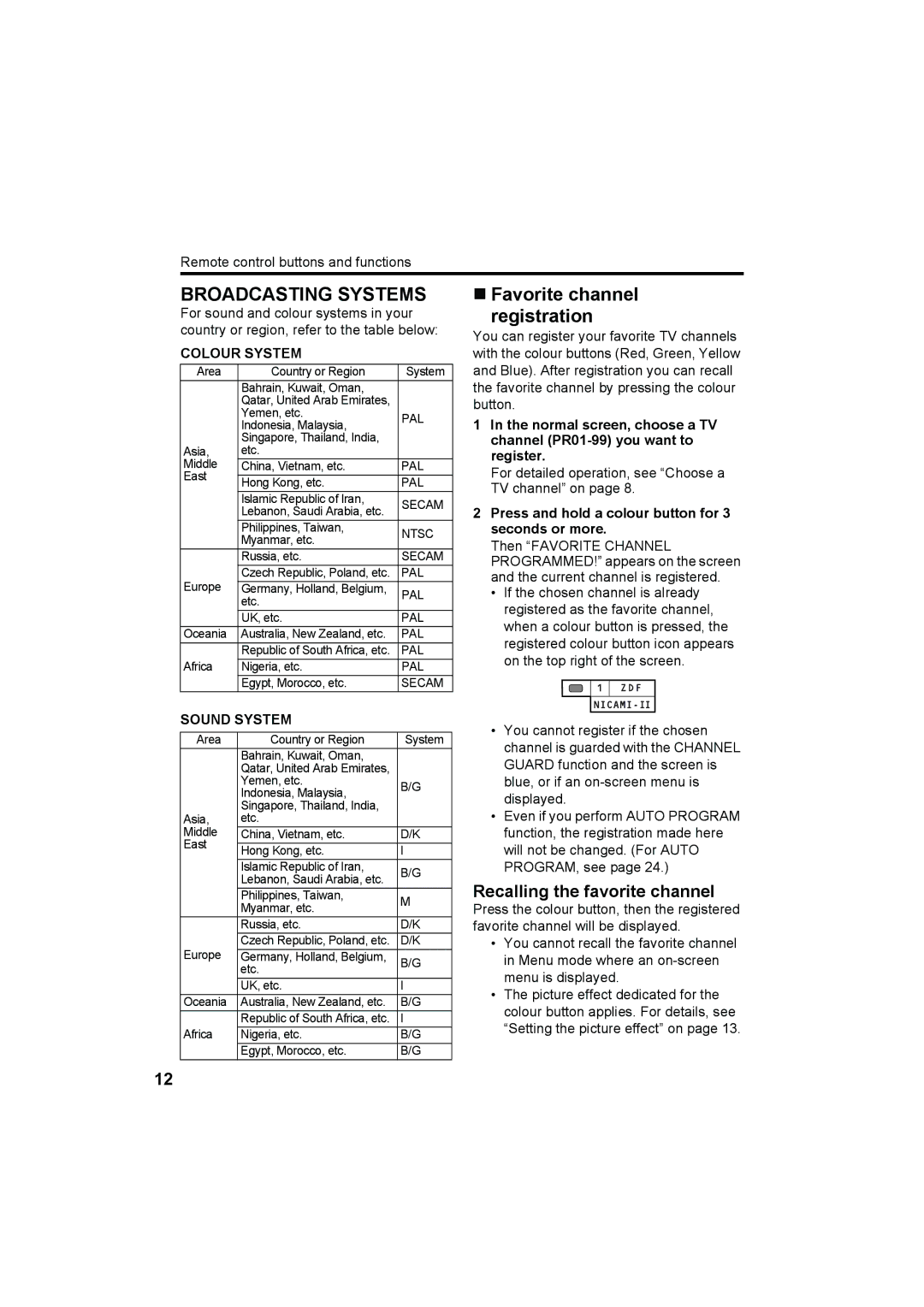 JVC HV-29WH11 manual „ Favorite channel Registration, Recalling the favorite channel, Colour System, Sound System 