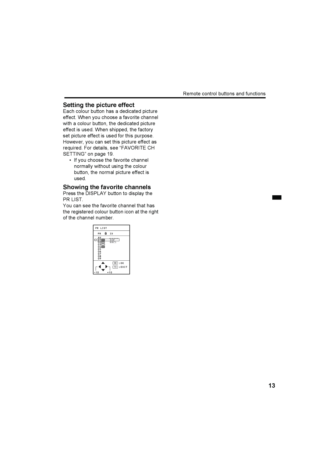 JVC HV-29WH11 manual Setting the picture effect, Showing the favorite channels 