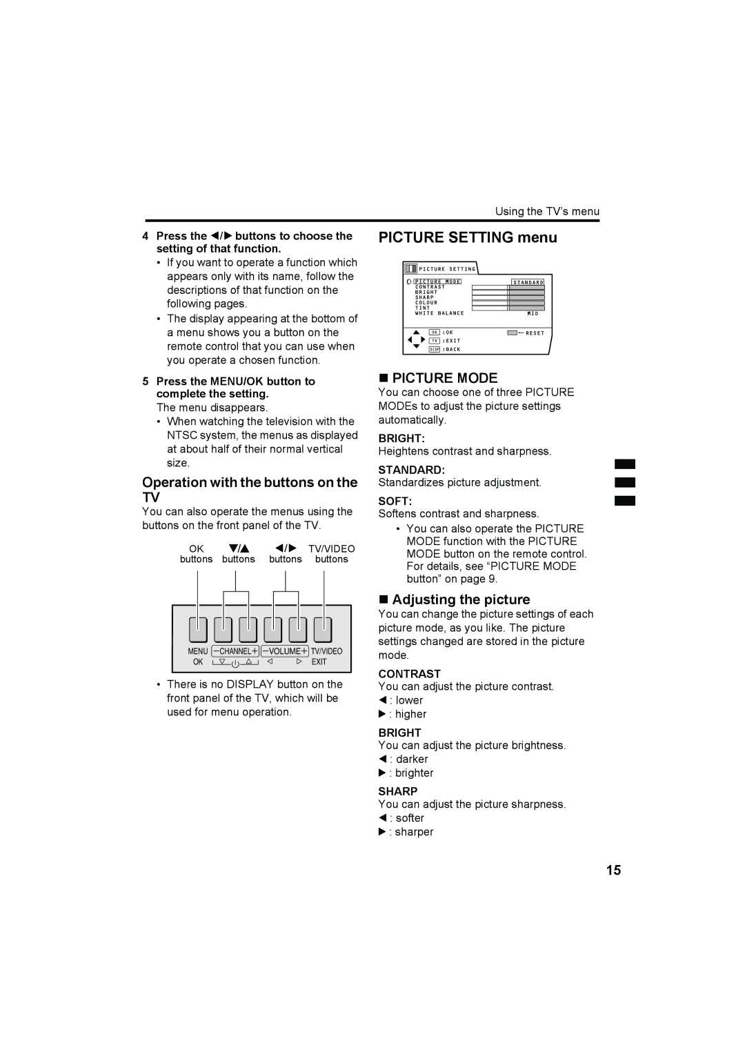 JVC HV-29WH11 manual Picture Setting menu, Operation with the buttons on, „ Picture Mode, „ Adjusting the picture 