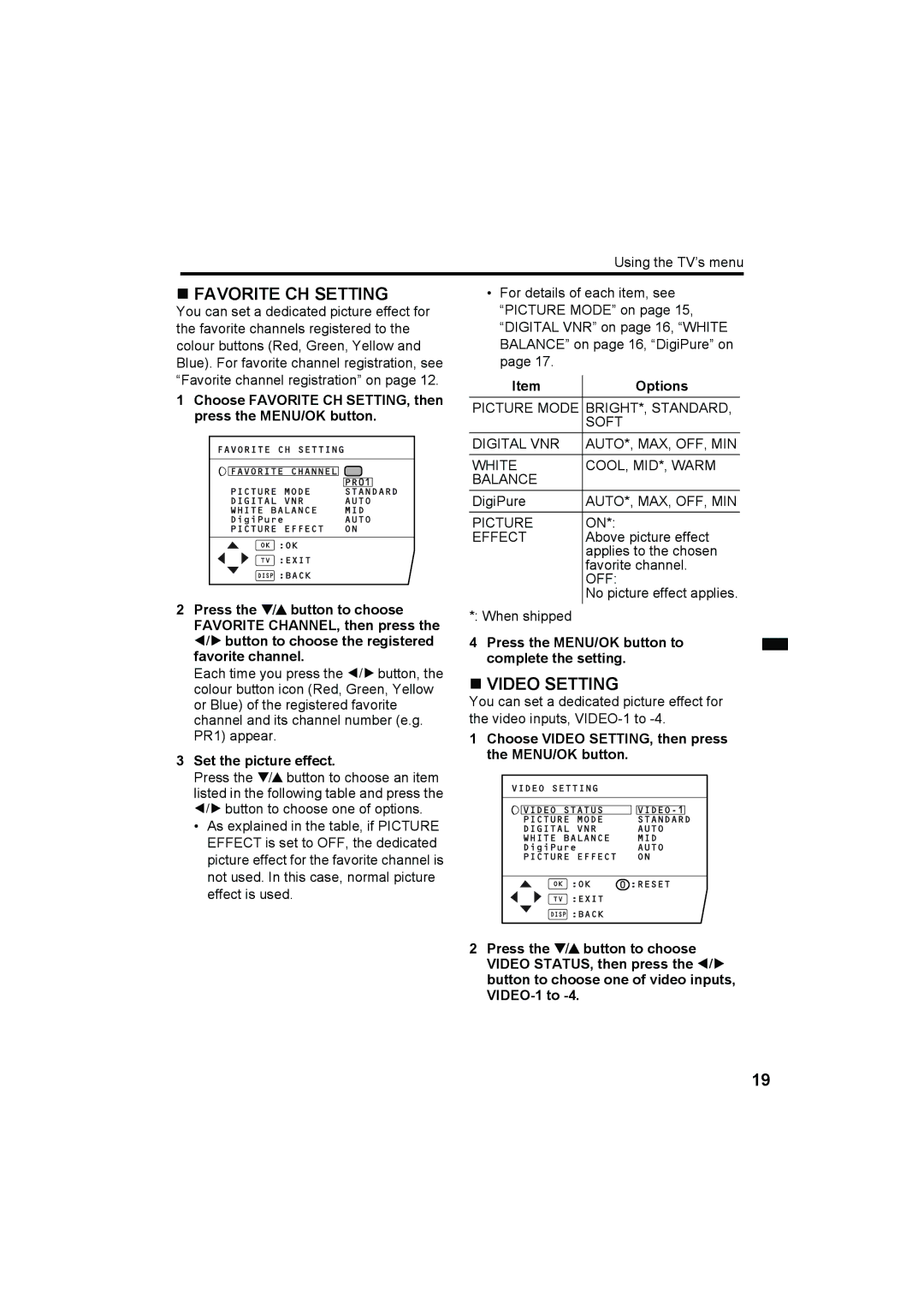 JVC HV-29WH11 manual „ Favorite CH Setting, „ Video Setting, Set the picture effect, Options 