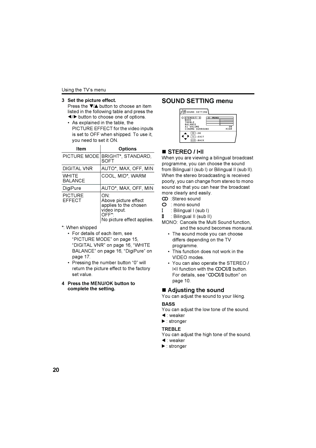 JVC HV-29WH11 manual Sound Setting menu, „ Stereo, „ Adjusting the sound, Bass, Treble 