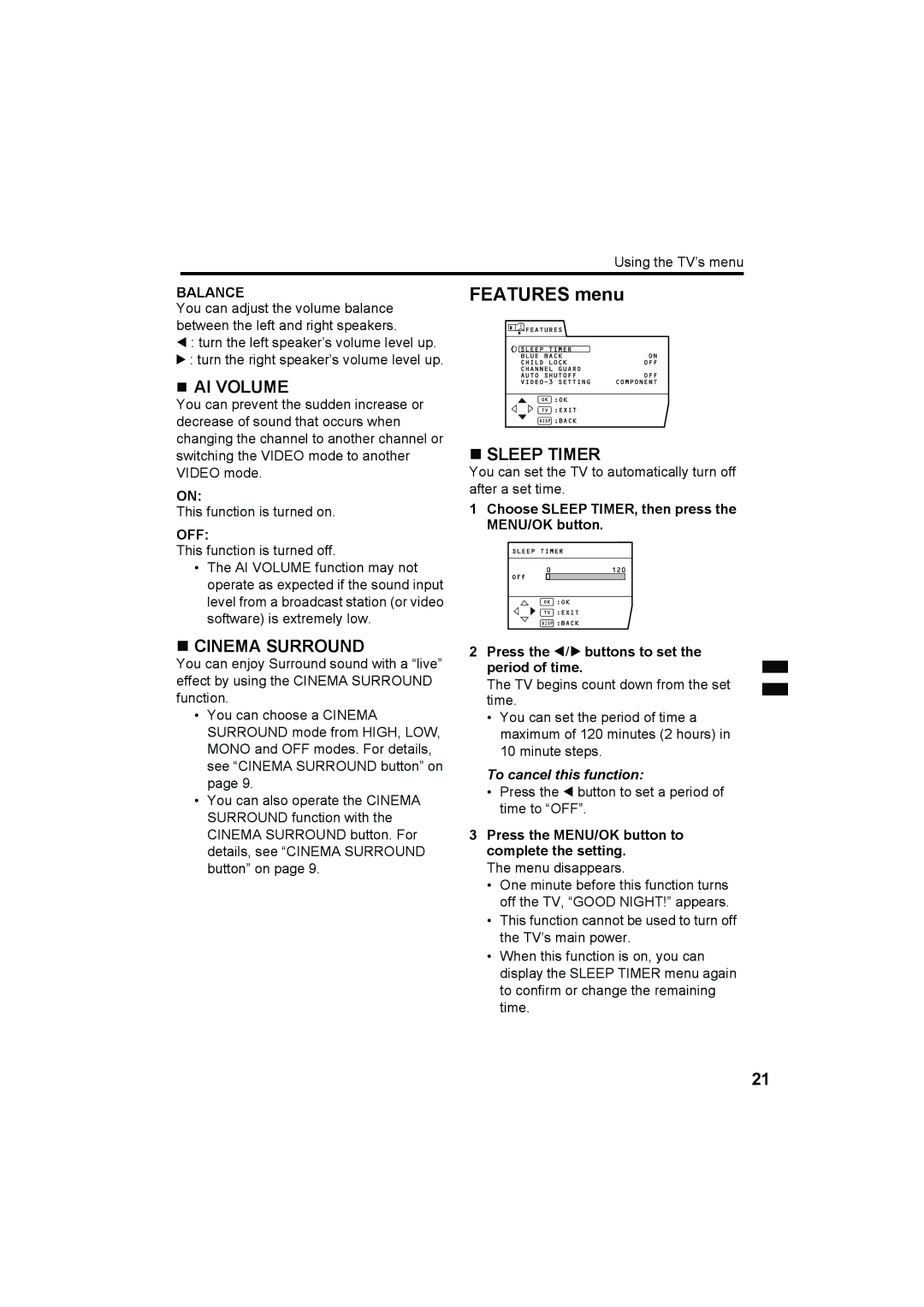 JVC HV-29WH11 manual Features menu, „ AI Volume, „ Cinema Surround, „ Sleep Timer, To cancel this function 