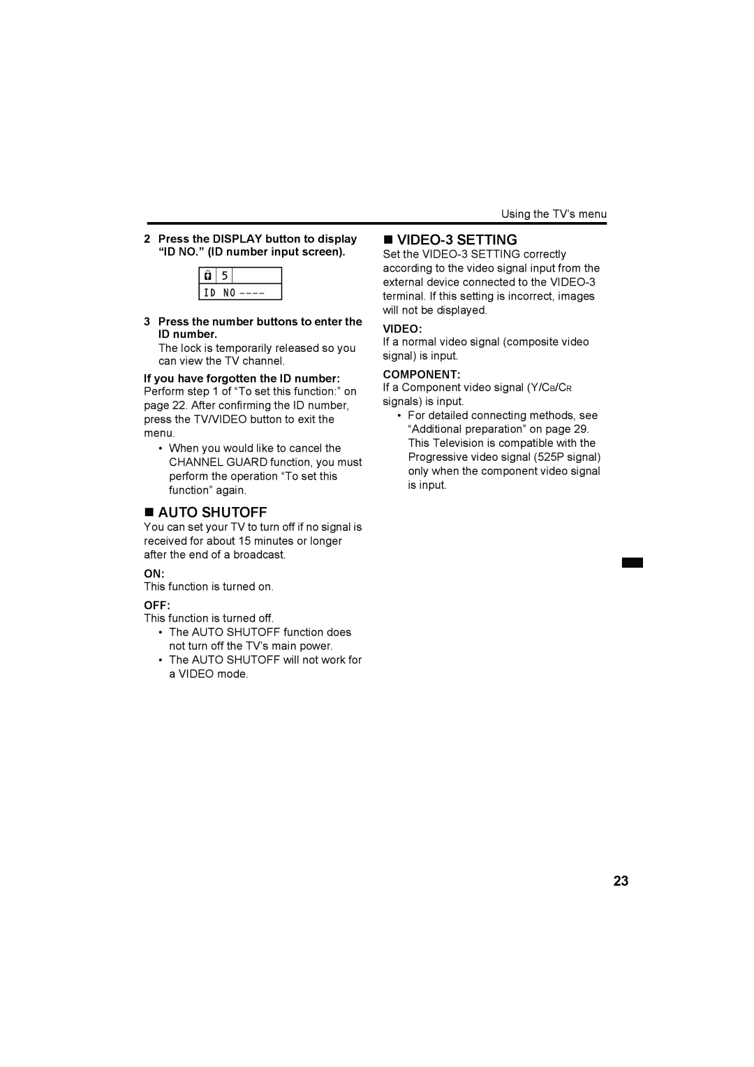 JVC HV-29WH11 manual „ Auto Shutoff, „ VIDEO-3 Setting, Video, Component 