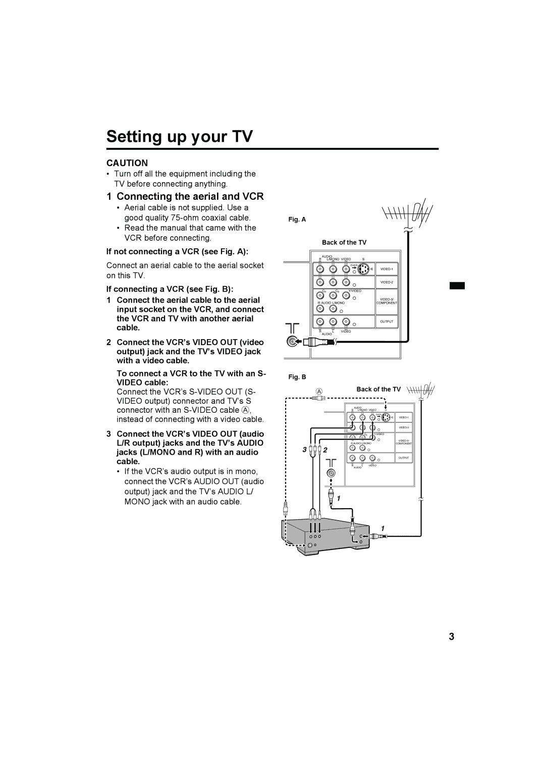 JVC HV-29WH11 manual Setting up your TV, Connecting the aerial and VCR, If not connecting a VCR see Fig. a 