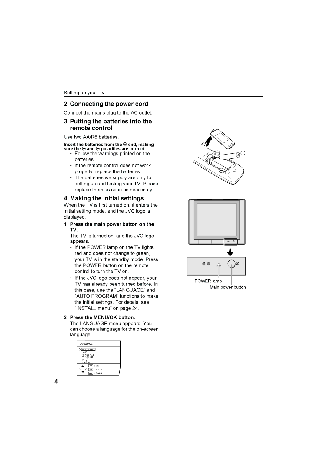 JVC HV-29WH11 manual Connecting the power cord, Putting the batteries into the remote control, Making the initial settings 