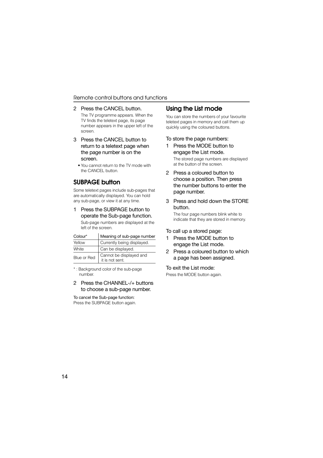 JVC HV-29WZ, HV-34LZ manual Using the List mode, Subpage button 