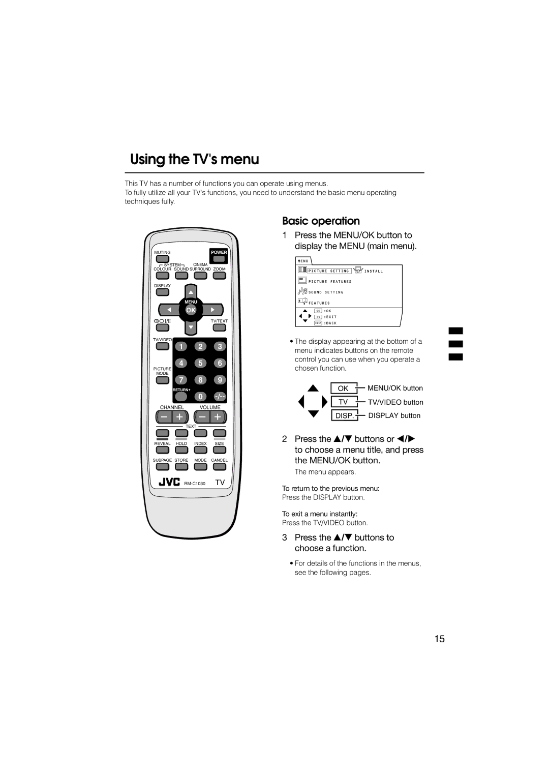 JVC HV-34LZ, HV-29WZ manual Using the TVs menu, Basic operation, Press the / buttons to choose a function 