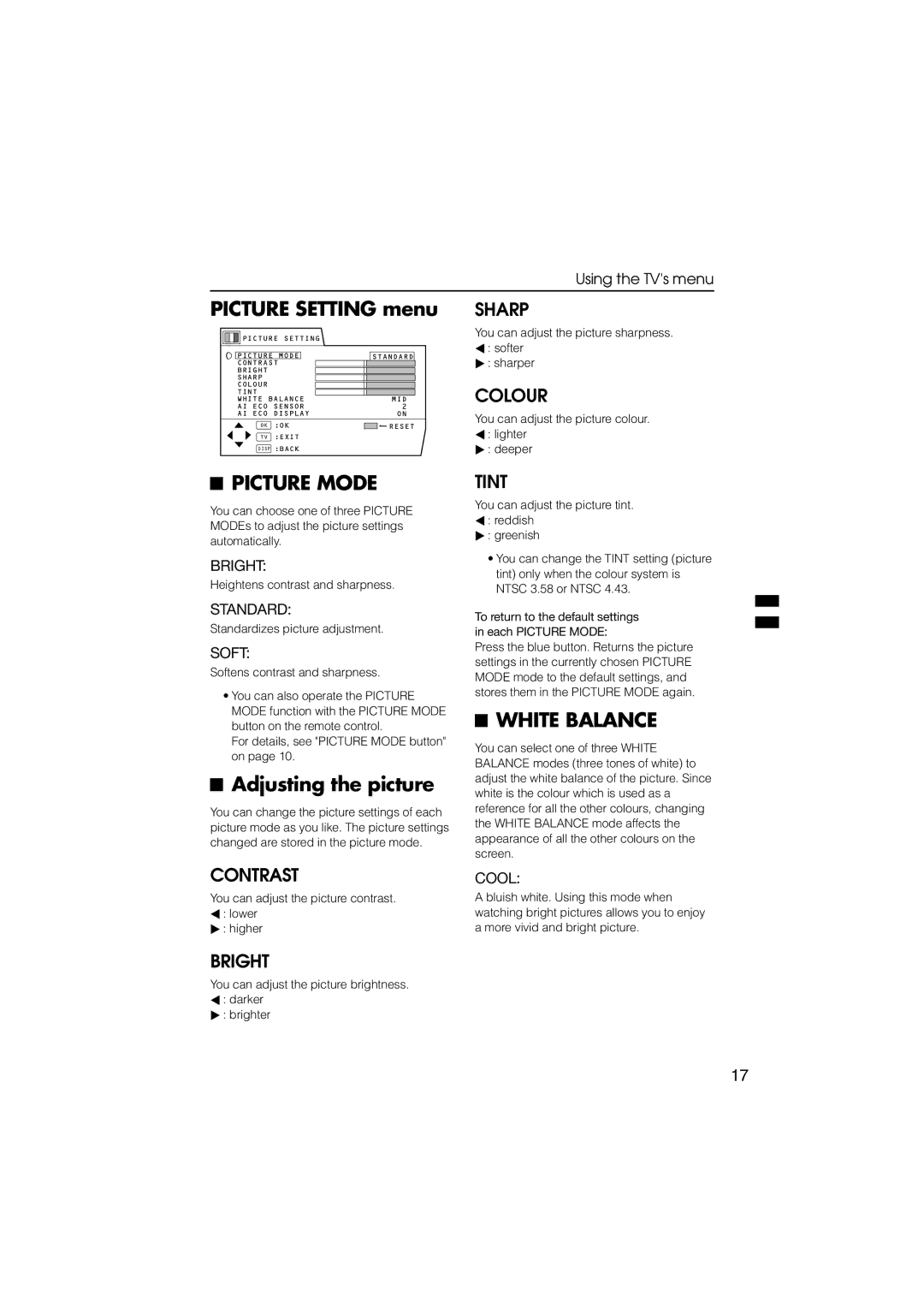 JVC HV-34LZ, HV-29WZ manual Picture Setting menu, Picture Mode, Adjusting the picture, White Balance, Cool 