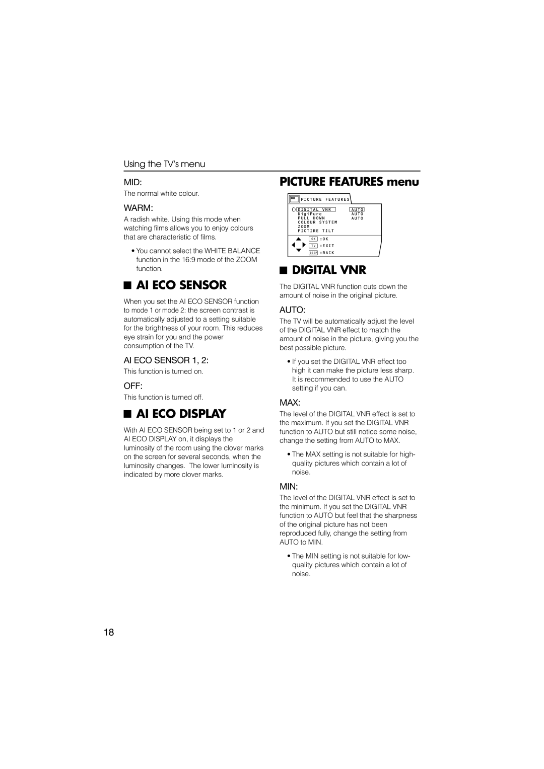 JVC HV-29WZ, HV-34LZ manual AI ECO Sensor, Digital VNR, AI ECO Display 