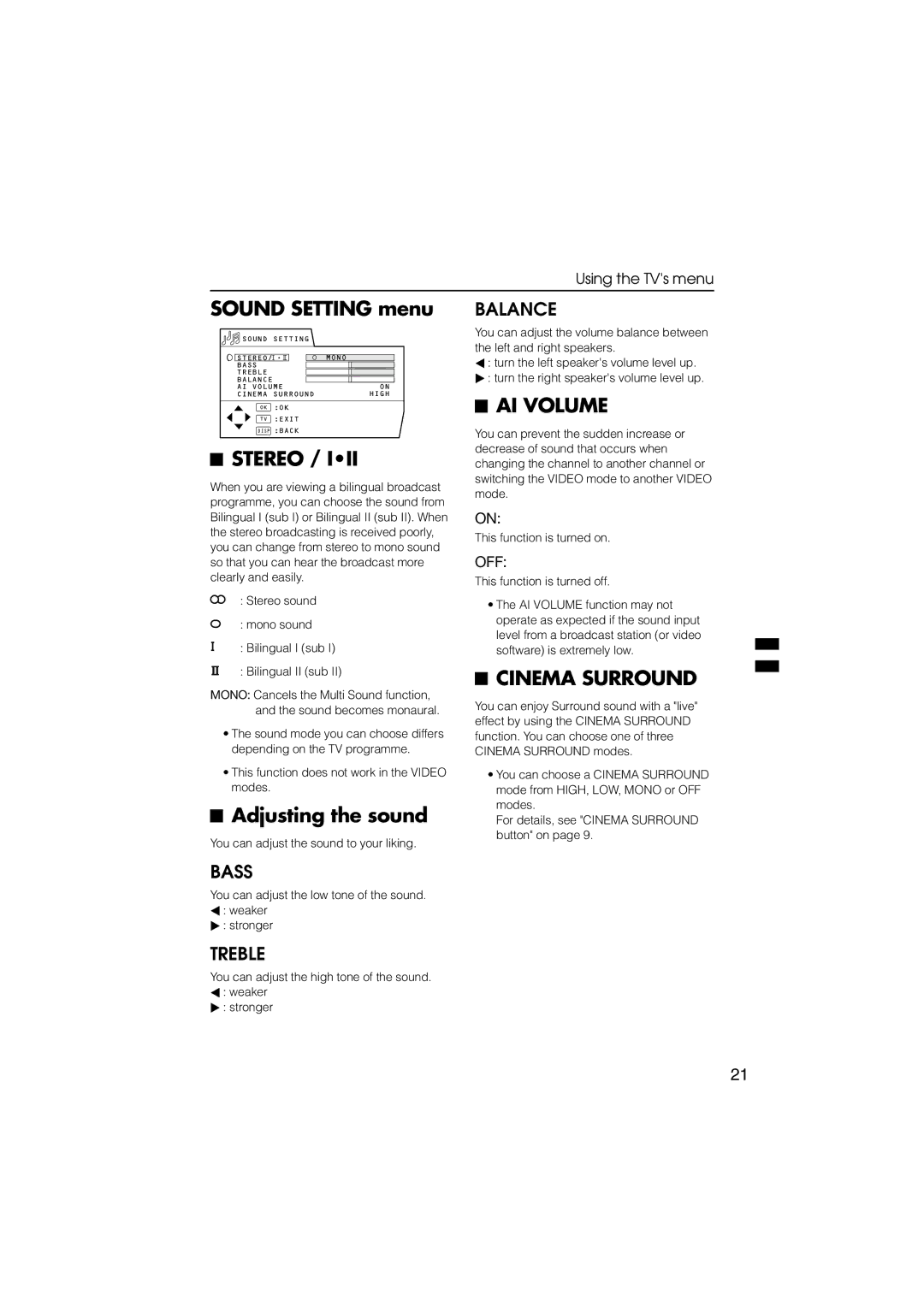 JVC HV-34LZ, HV-29WZ manual Sound Setting menu, Stereo, Adjusting the sound, AI Volume, Cinema Surround 