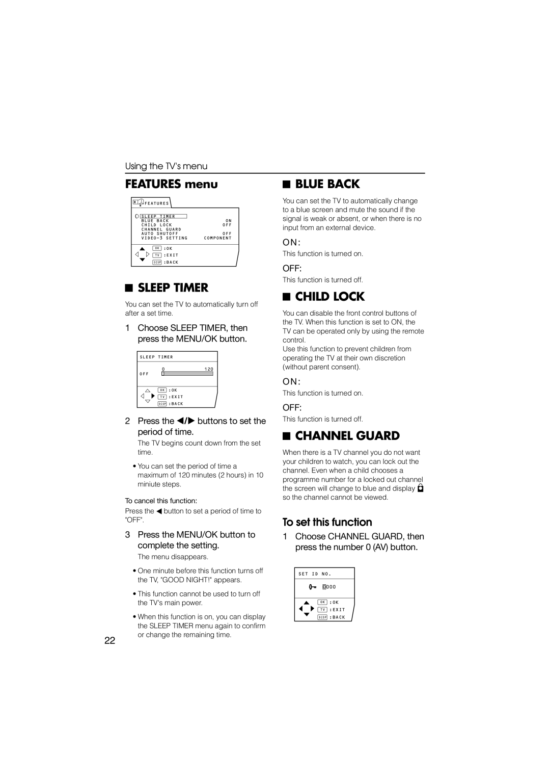 JVC HV-29WZ, HV-34LZ manual Features menu, Sleep Timer, Child Lock, Channel Guard, To set this function 