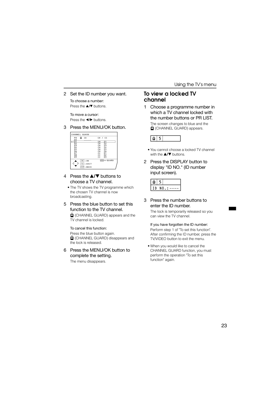 JVC HV-34LZ, HV-29WZ manual To view a locked TV channel, Using the TVs menu Set the ID number you want 