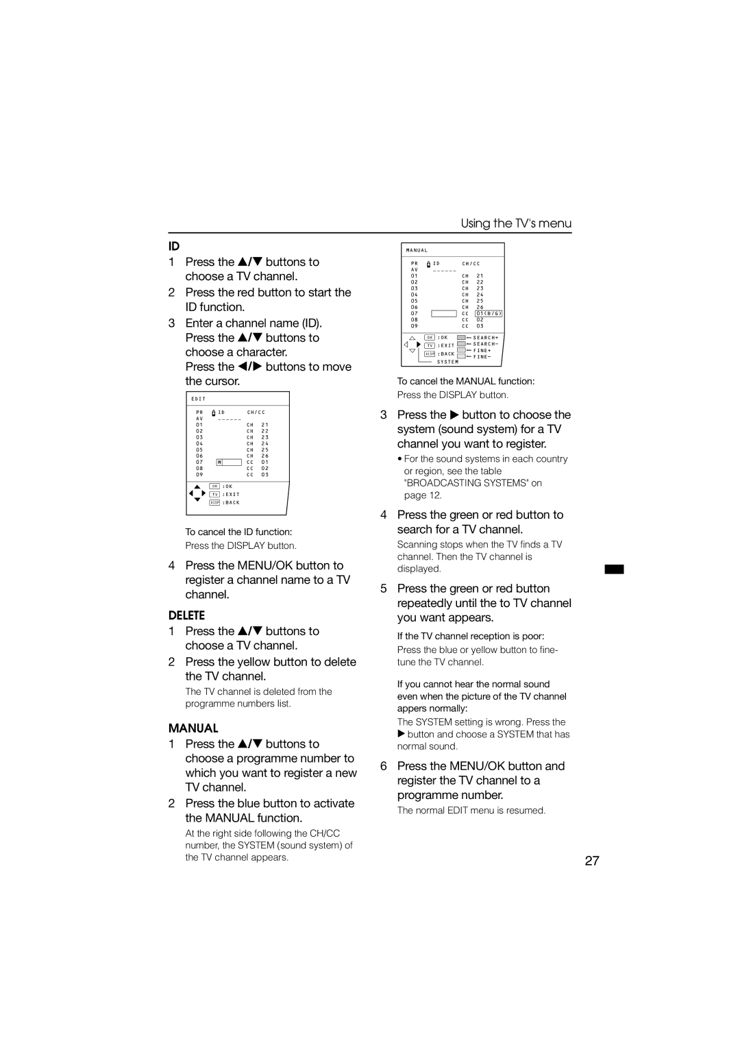 JVC HV-34LZ, HV-29WZ manual Press the / buttons to, Choose a TV channel, ID function, Enter a channel name ID 