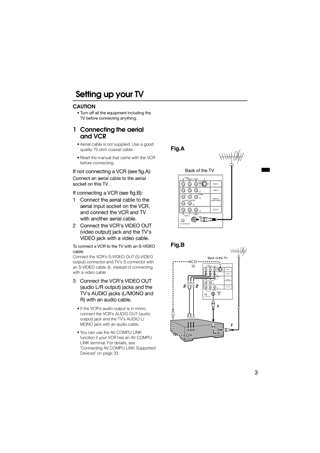 JVC HV-34LZ, HV-29WZ manual Setting up your TV, Connecting the aerial and VCR, If not connecting a VCR see fig.A 