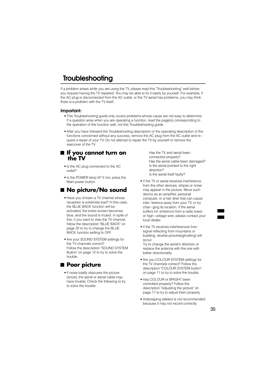 JVC HV-34LZ, HV-29WZ manual Troubleshooting, If you cannot turn on the TV, No picture/No sound, Poor picture 