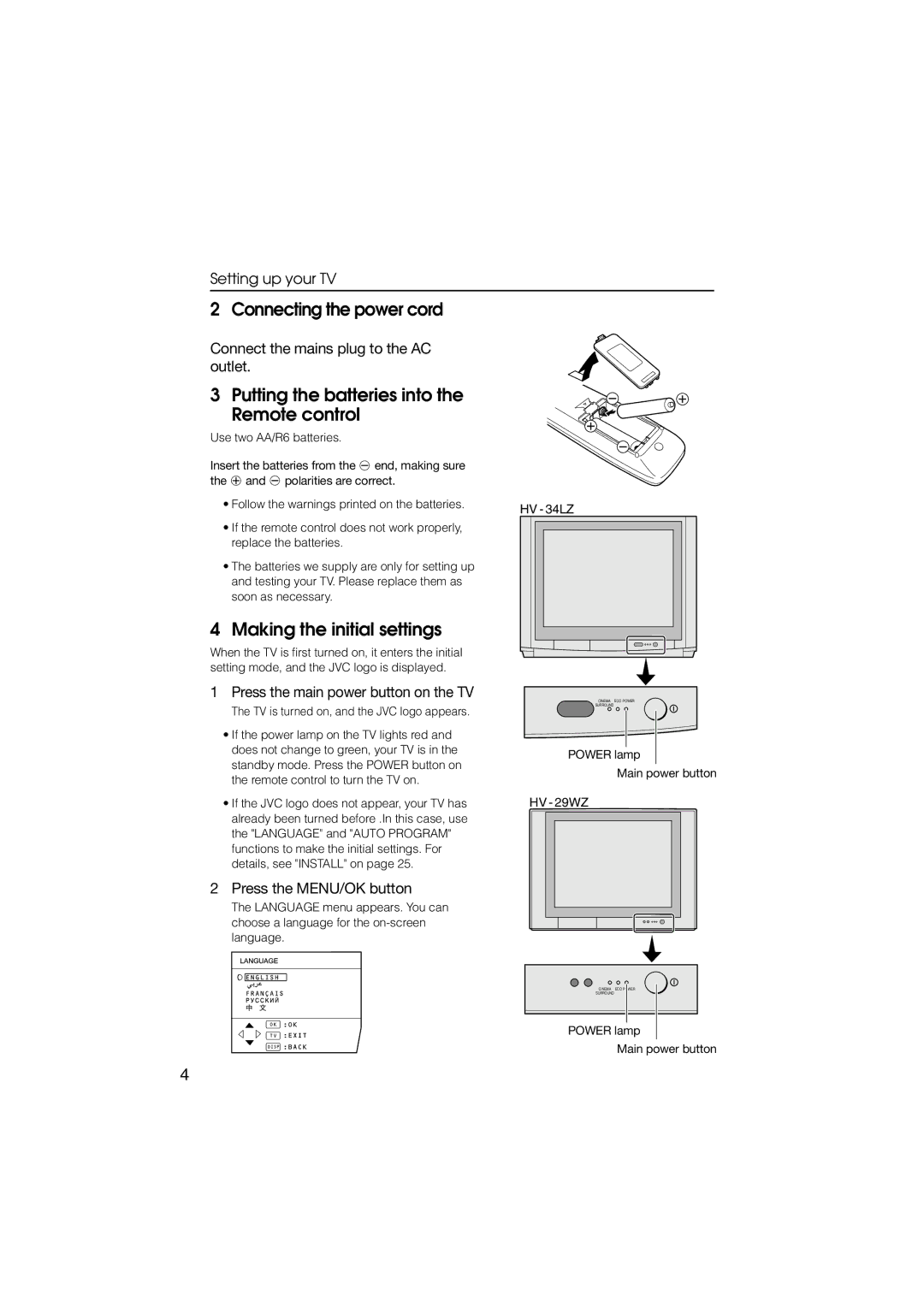 JVC HV-29WZ, HV-34LZ Connecting the power cord, Putting the batteries into the Remote control, Making the initial settings 