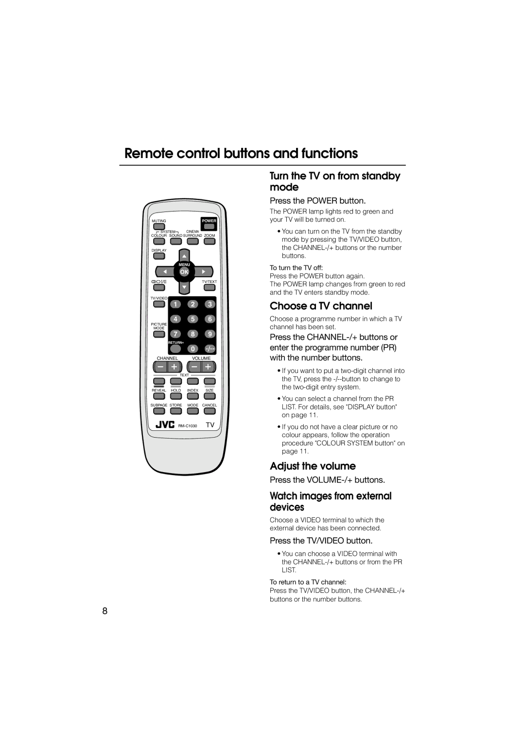 JVC HV-29WZ, HV-34LZ manual Remote control buttons and functions, Watch images from external devices, Press the Power button 