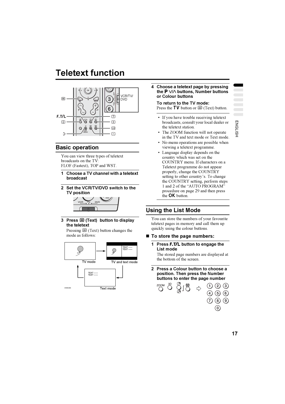 JVC HV-32P37SUE, HV-28P37SUE manual Teletext function, Basic operation, Using the List Mode, „ To store the page numbers 