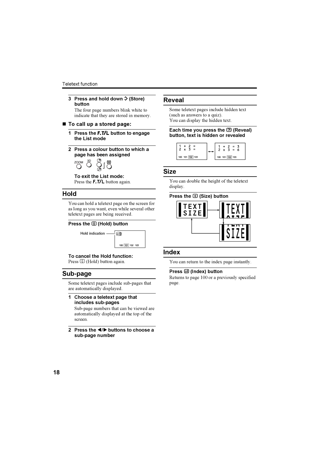 JVC HV-32P37SUE, HV-28P37SUE manual Hold, Sub-page, Reveal, Size, Index 