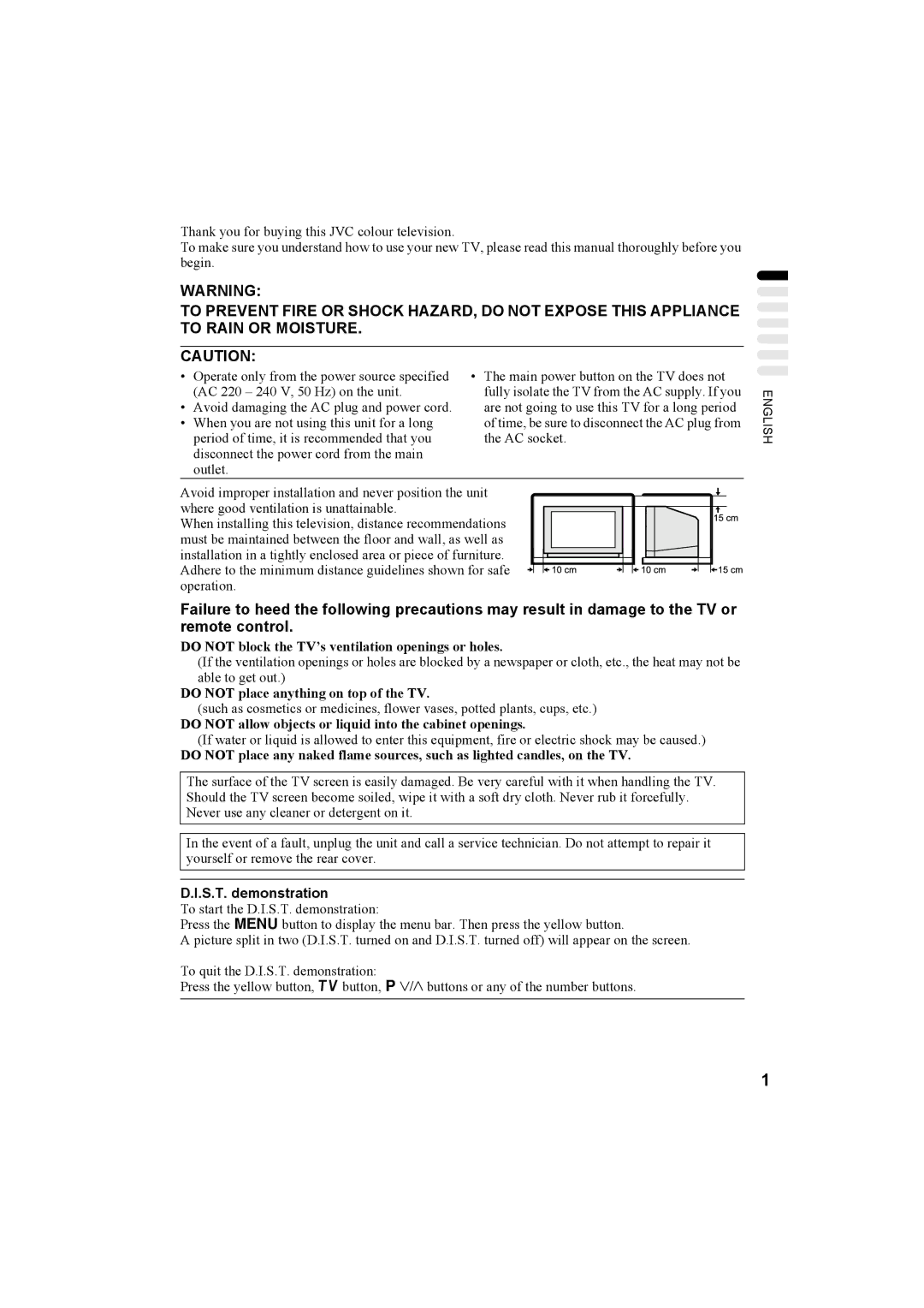 JVC HV-32P37SUE, HV-28P37SUE manual Do not block the TV’s ventilation openings or holes, S.T. demonstration 