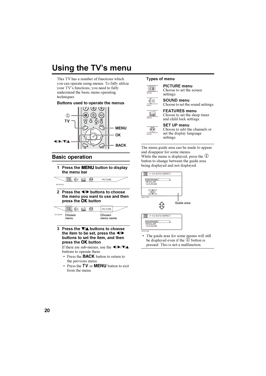 JVC HV-32P37SUE, HV-28P37SUE manual Using the TV’s menu, Buttons used to operate the menus, Types of menu Picture menu 