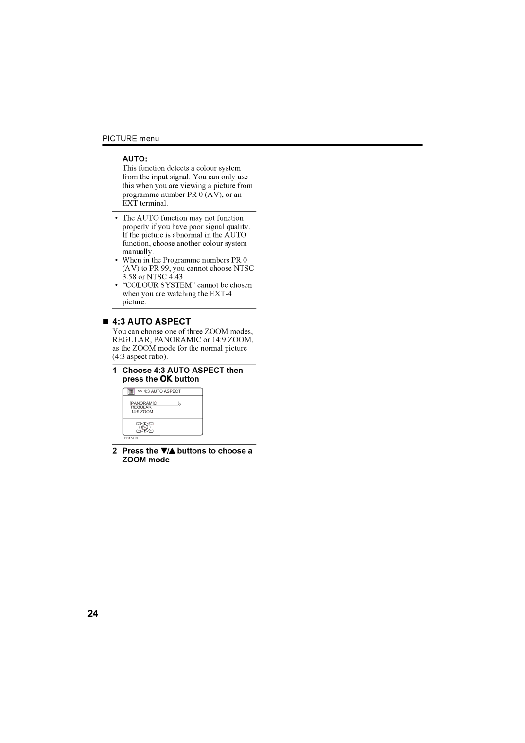 JVC HV-32P37SUE, HV-28P37SUE manual „ 43 Auto Aspect, Choose 43 Auto Aspect then press the abutton 