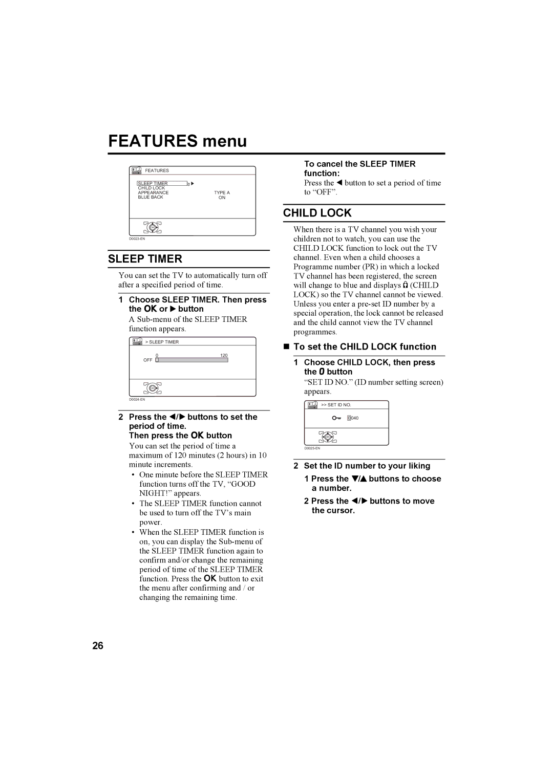 JVC HV-32P37SUE, HV-28P37SUE manual Features menu, Sleep Timer, „ To set the Child Lock function 