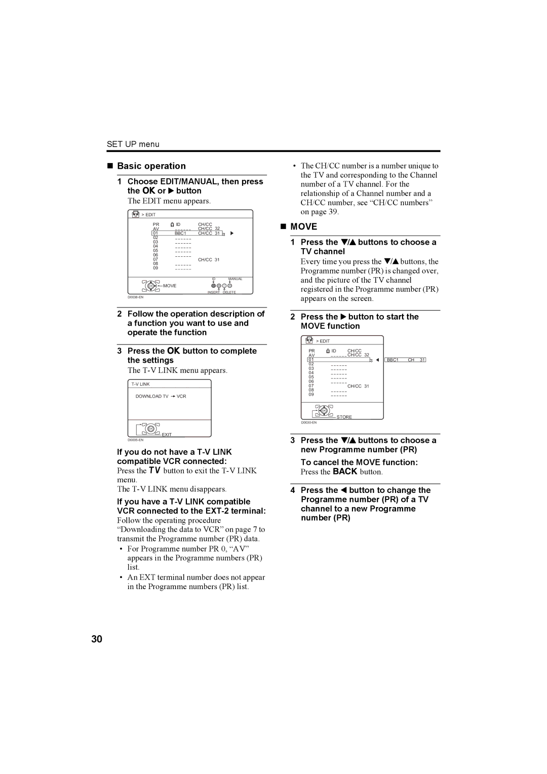 JVC HV-32P37SUE, HV-28P37SUE manual „ Basic operation, „ Move, Choose EDIT/MANUAL, then press the aor 3button 