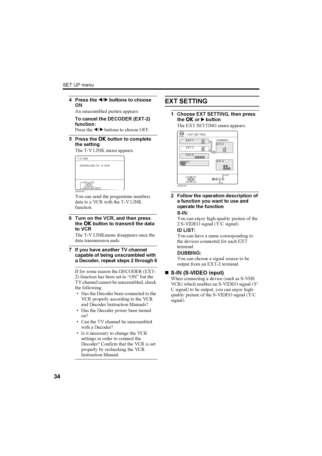 JVC HV-32P37SUE, HV-28P37SUE manual EXT Setting, „ S-IN S-VIDEO input, ID List, Dubbing 