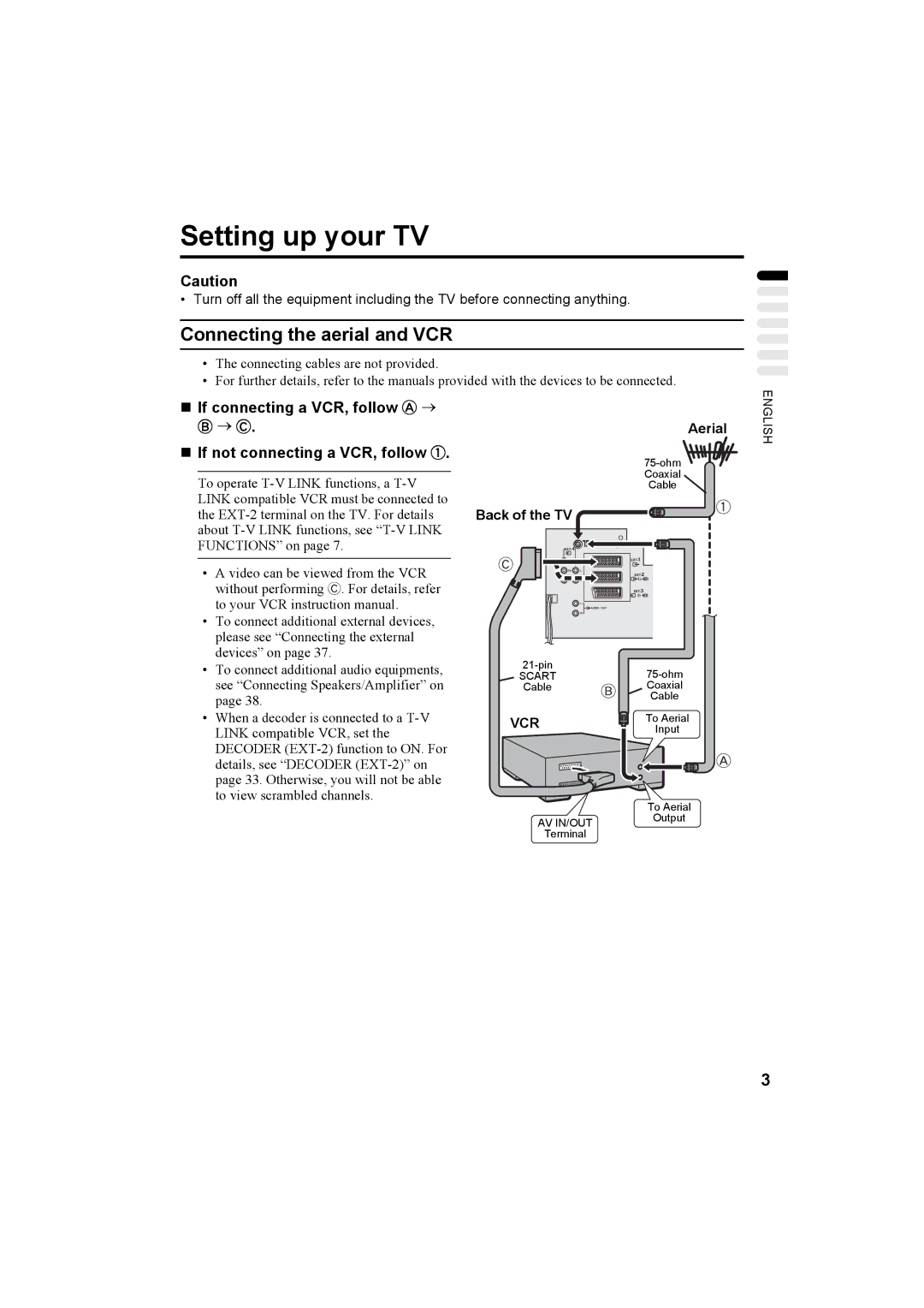 JVC HV-32P37SUE, HV-28P37SUE Setting up your TV, Connecting the aerial and VCR, „ If connecting a VCR, follow a → → C, Vcr 