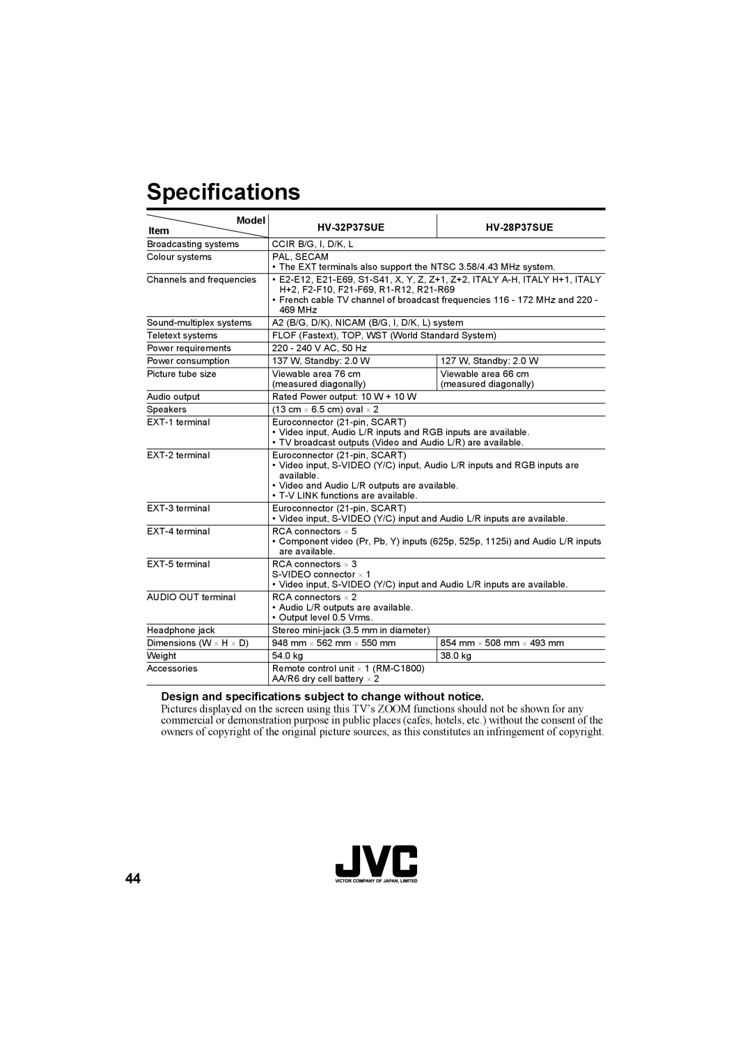 JVC HV-32P37SUE, HV-28P37SUE manual Specifications, Design and specifications subject to change without notice 