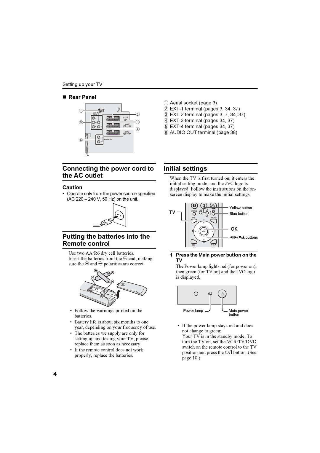 JVC HV-32P37SUE, HV-28P37SUE Connecting the power cord to the AC outlet, Putting the batteries into the Remote control 