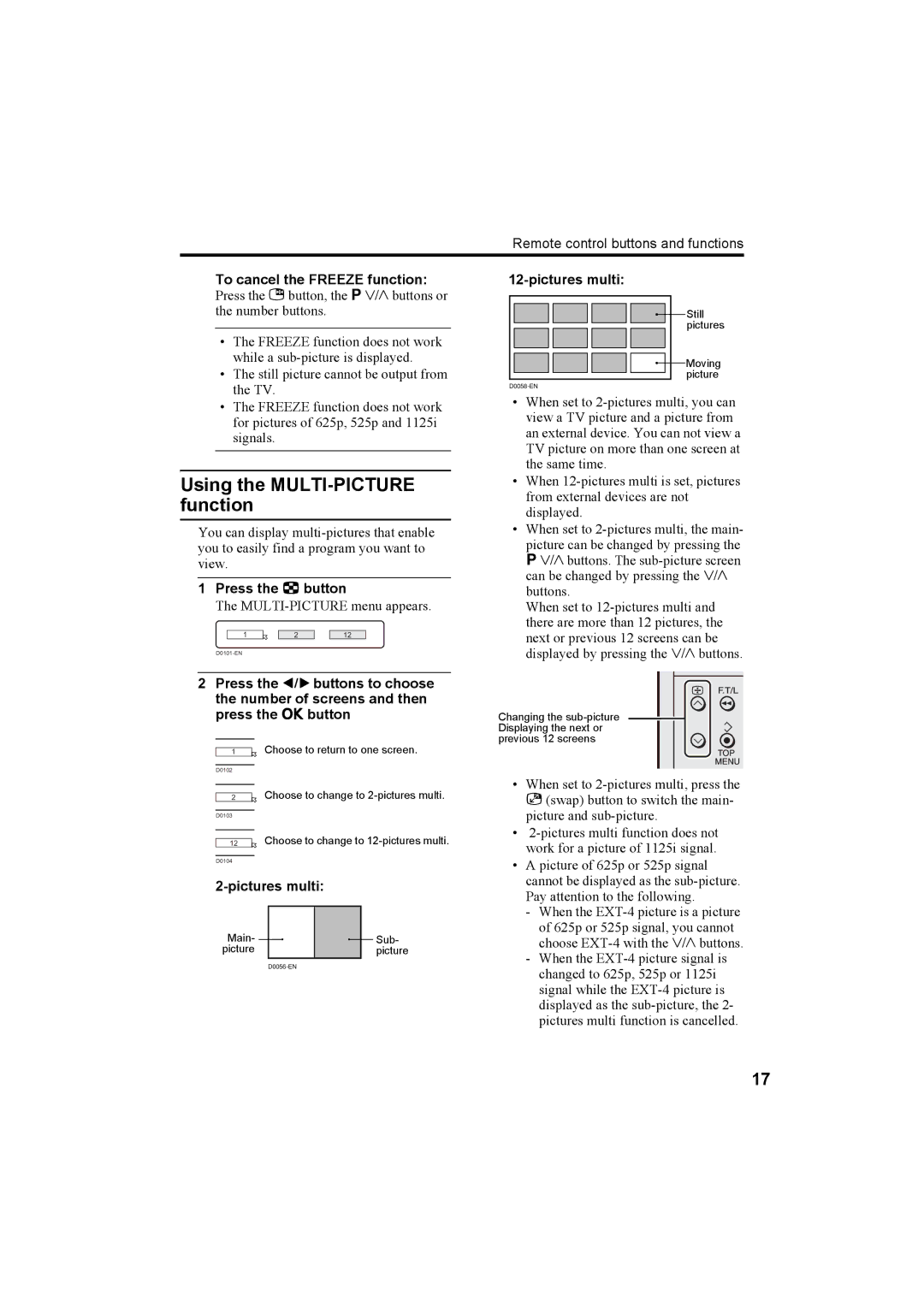 JVC HV-32P37SUE, HV-28P37SUE manual Using the MULTI-PICTURE function, To cancel the Freeze function 