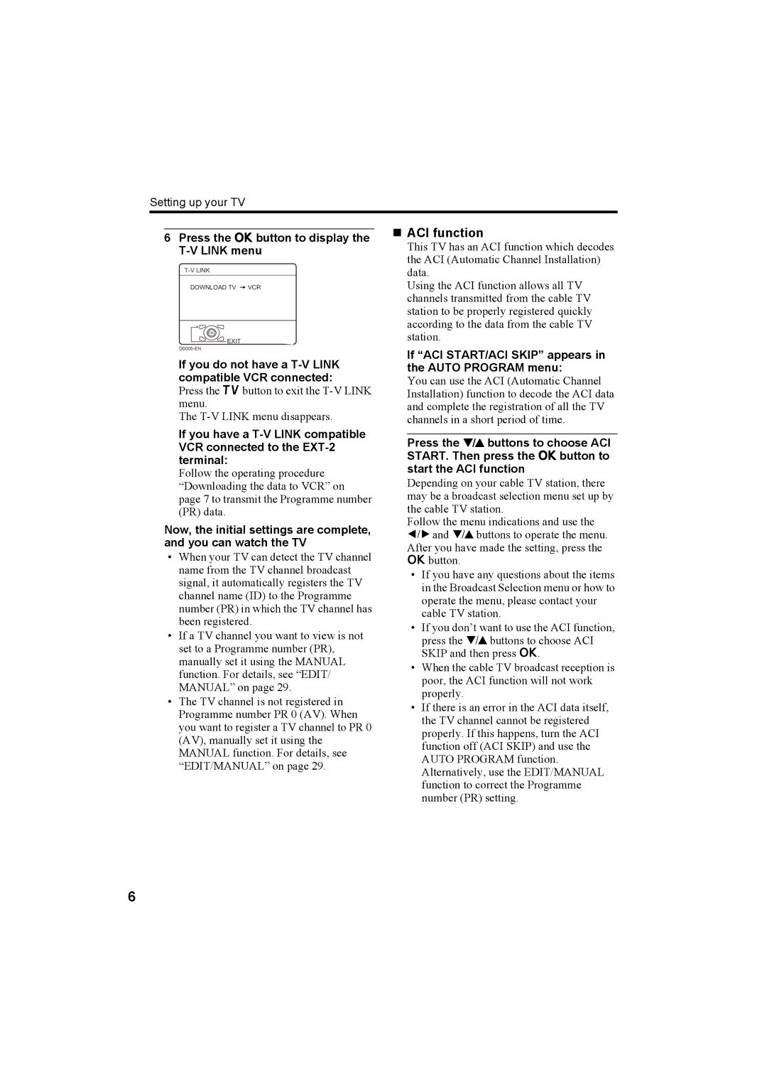 JVC HV-32P37SUE, HV-28P37SUE manual „ ACI function, Press the a button to display the T-V Link menu 