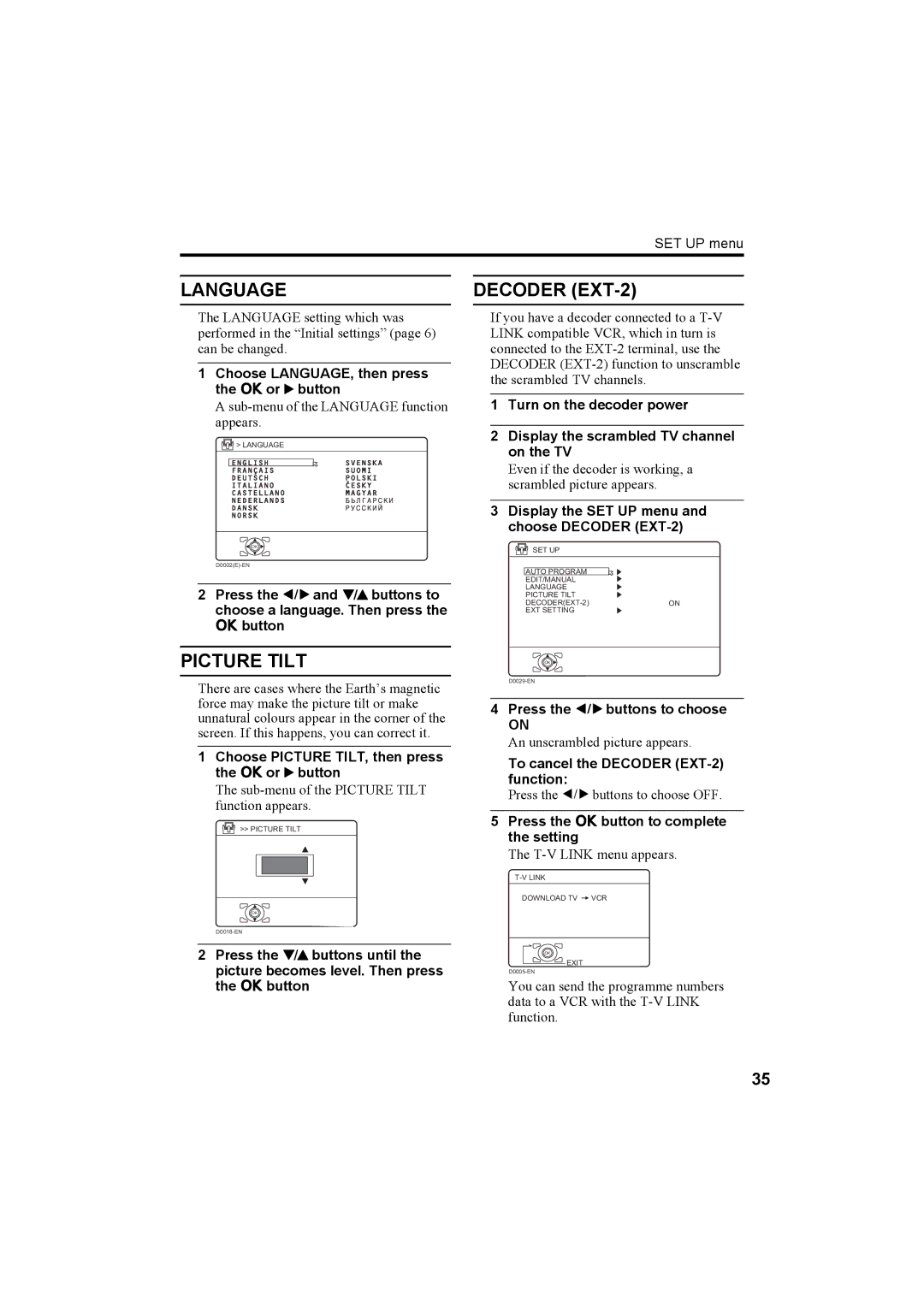 JVC HV-32P37SUE, HV-28P37SUE manual Language, Choose Picture TILT, then press the aor 3button 