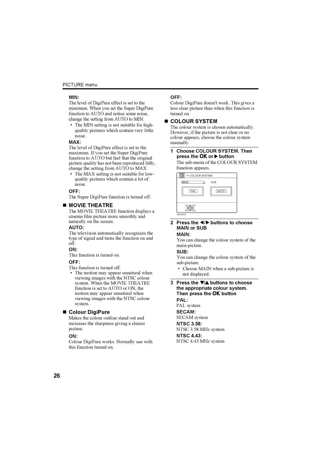 JVC HV-36P38SUE, HV-32P37SUE, HV-28P37SUE manual „ Colour System, „ Movie Theatre, „ Colour DigiPure 