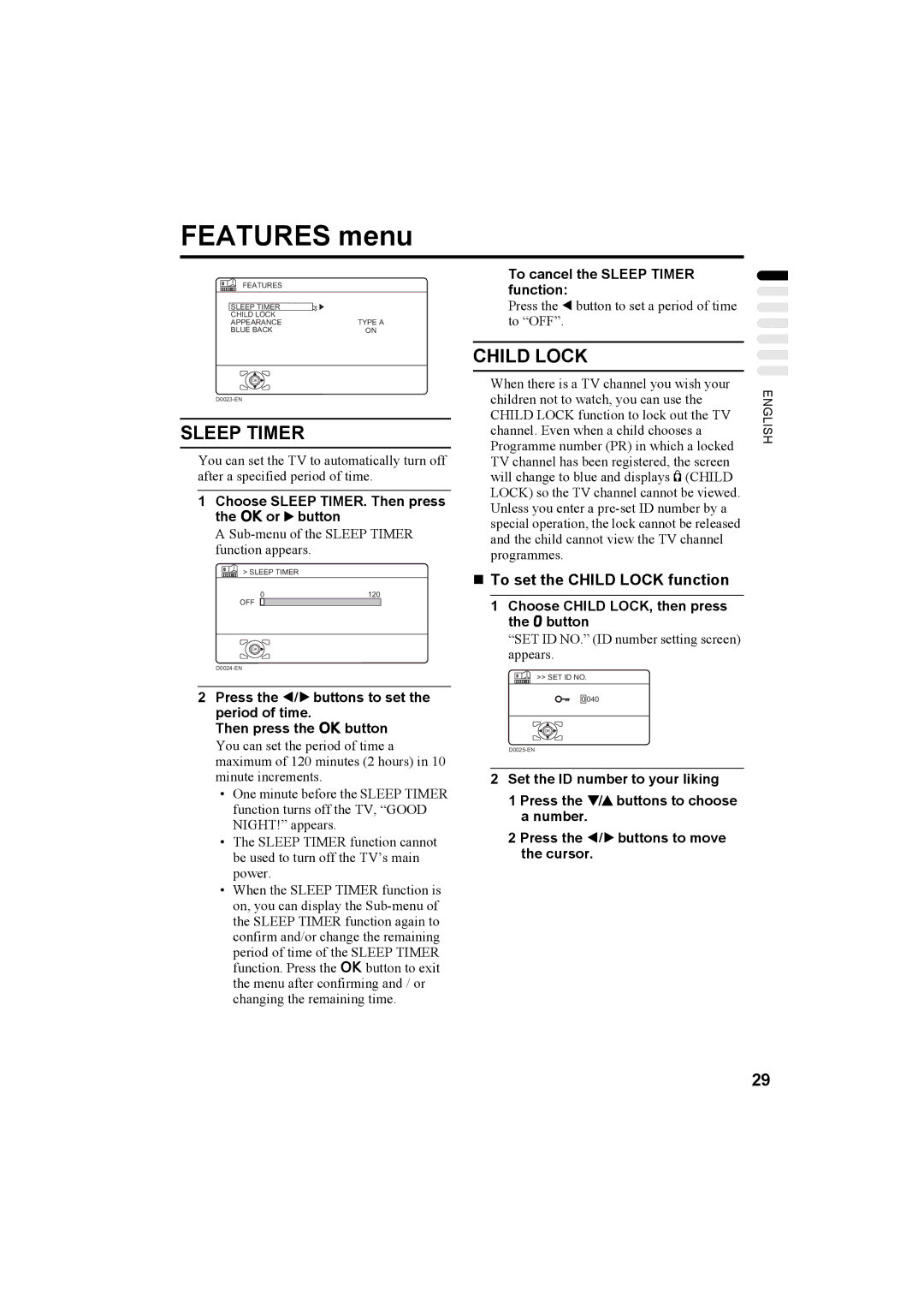 JVC HV-36P38SUE, HV-32P37SUE, HV-28P37SUE manual Features menu, Sleep Timer, „ To set the Child Lock function 