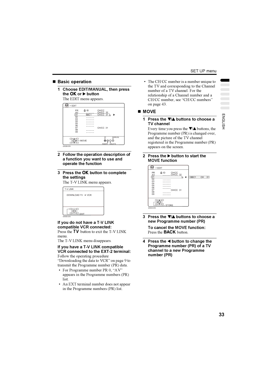 JVC HV-36P38SUE, HV-32P37SUE, HV-28P37SUE manual „ Basic operation, „ Move, Choose EDIT/MANUAL, then press the aor 3button 